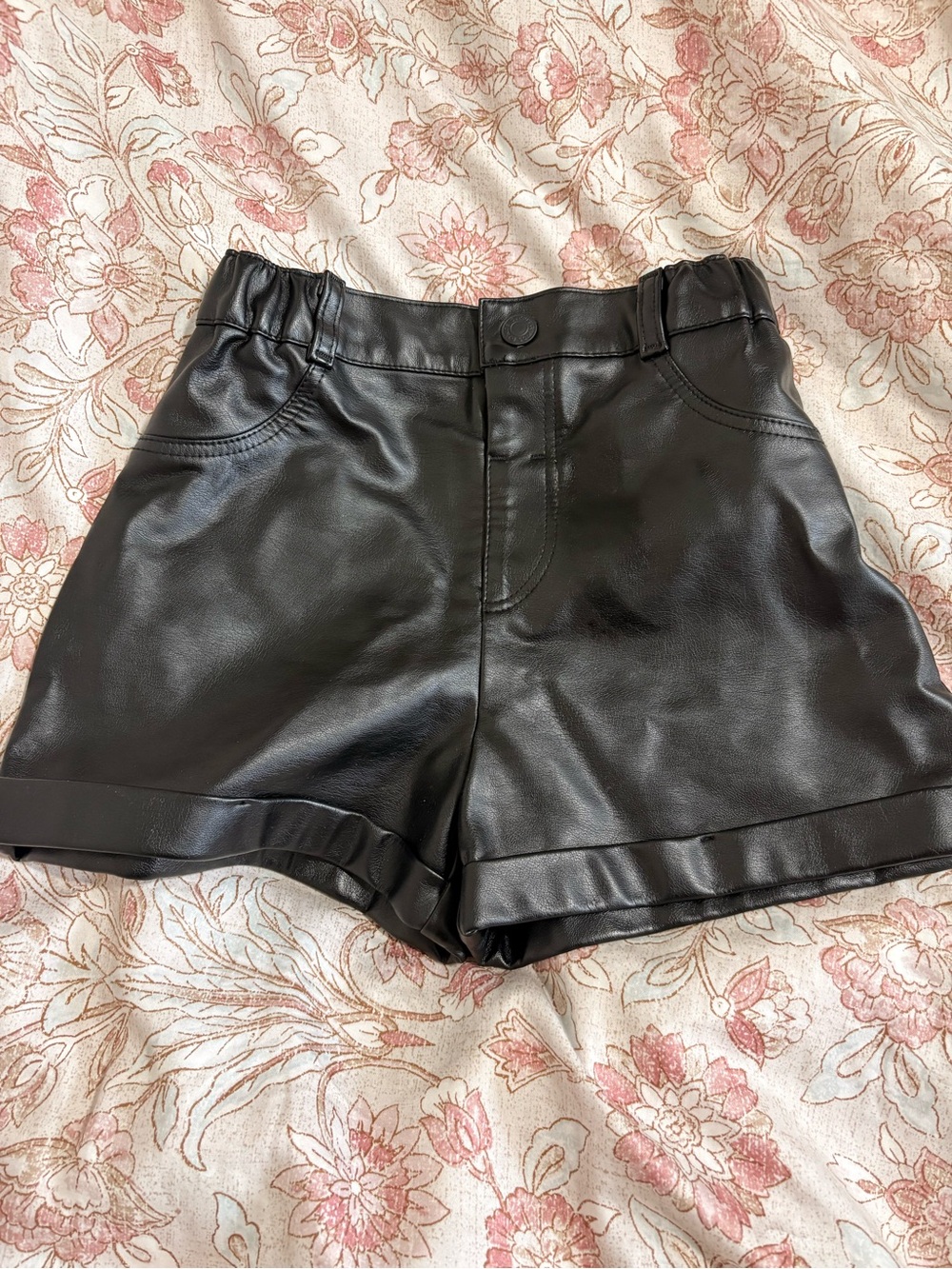 Kids Black Faux Leather Shorts with Elastic Waist for girls 6-7 y.o